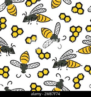 Seamless pattern with bees and honeycombs. Vector honey background. Stock Vector