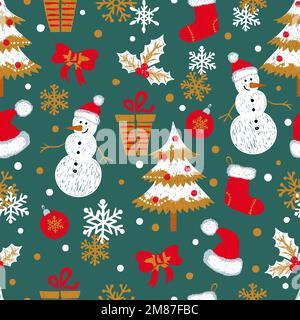 Christmas and New Year seamless pattern with doodle snowmen, fir trees, gifts and snowflakes. Vector holiday background. Stock Vector