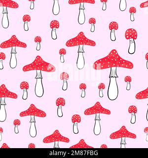 Cute pink seamless pattern with watercolor mushrooms. Fly agaric vector background. Stock Vector