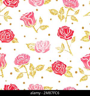 Seamless pattern with watercolor red and glittering golden roses. Vector floral background Stock Vector