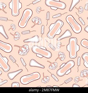 Seamless pattern with menstrual sanitary napkins and tampons. Feminine hygiene. Vector background. Stock Vector