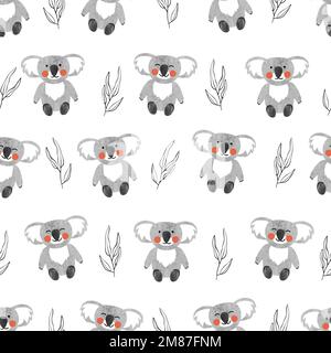 Seamless pattern with cute watercolor koala bears. Vector background for kids. Stock Vector