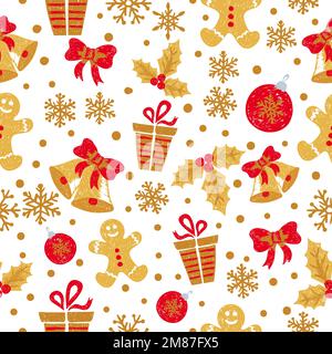 Christmas and New Year seamless pattern with doodle bells, balls, snowflakes. Vector holiday background in red and golden colors. Stock Vector