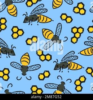 Seamless pattern with bees and honeycombs on blue. Vector honey background. Stock Vector