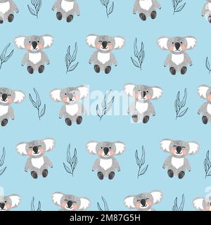 Seamless pattern with cute watercolor koala bears on blue. Vector background for kids. Stock Vector