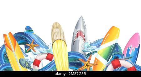 A sea wave with surfboards and a starfish. Watercolor illustration ...