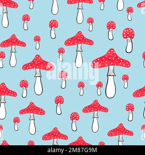 Cute seamless pattern with watercolor mushrooms. Fly agaric vector background. Stock Vector