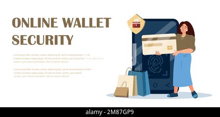 Landing Page Template.Online Payment,Digital Wallet,Secure Data Protection.Credit Card Check,Software for Confidential Access.Business Character at Cellphone,Finger Print on Screen.Vector Illustration Stock Vector
