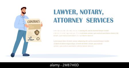 Landing Page Template.Lawyer,Notary or Attorney Service.Man Hold Certificate,Contract with Seal Stamp Signature.Man with Document Offer Professional Service,Character Holding Paper.Vector Illustration Stock Vector