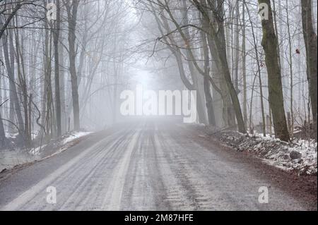 Country Road disappears into the fog. Stock Photo