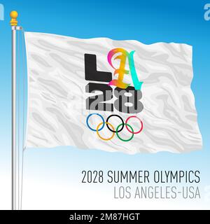 Los Angeles, USA, year 2028, flag of the Games of the XXXIV Olympiad, illustration Stock Photo