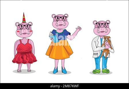 Hippopotamus mascots vector illustration on white background, doctor, teacher and girl Stock Vector