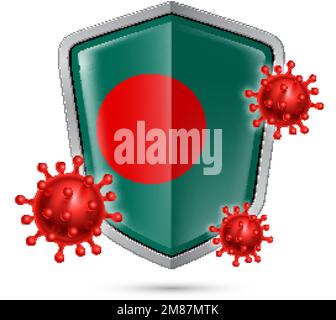 Flag of Bangladesh on Metal Shiny Shield Icon and Red Corona Virus Cells. Concept of Health Care and Safety Badge. Security Safeguard Metal Label with Stock Vector