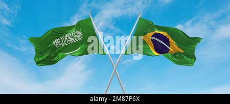 crossed national flags of Brazil and Saudi Arabia flag waving in the ...