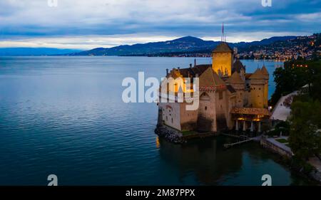 Night view of Chateau de Chillon on Geneva Lake, Switzerland Stock Photo