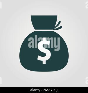 Money bag sack flat icon simple vector pictogram isolated, black and white dollar moneybag cartoon graphic clipart cash pouch silhouette shape image Stock Vector