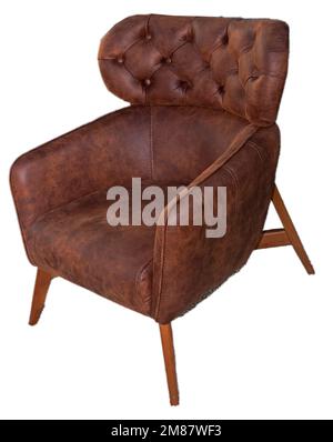 Retro brown leather armchair isolated on white background Stock Photo