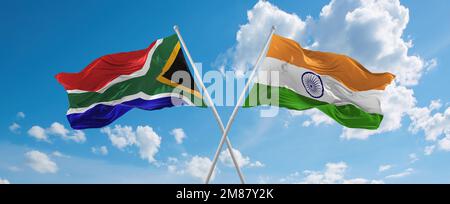 crossed national flags of India and south korea flag waving in the wind ...