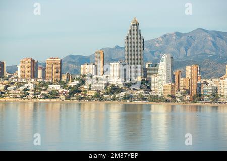 The Gran hotel bali, highest hotel in Europe, Benidorm City viewed from Balcon del Mediterraneo Stock Photo