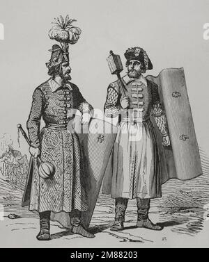 Hungary. The ancient Magyars. Engraving. 'Los Heroes y las Grandezas de la Tierra' (The Heroes and the Grandeurs of the Earth). Volume VI. 1856. Stock Photo