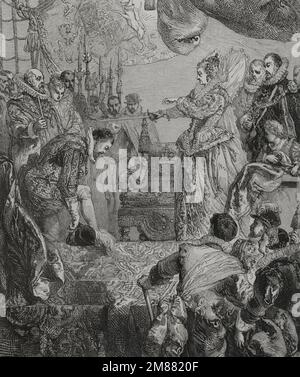 Elizabeth I of England (1533-1603), the Virgin Queen. Queen of England (15581603). Queen Elizabeth I knighting Francis Drake on the deck of the 'Golden Hind' in Deptford, 4th April 1581. Engraving by Hotelin and Gilbert. 'Los Heroes y las Grandezas de la Tierra' (The Heroes and the Grandeurs of the Earth). Volume VI. 1856. Author: Laurent Hotelin. Engraver active in the mid-19th century. Stock Photo