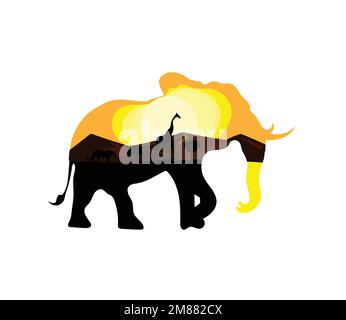 African landscape in silhouette of elephant Stock Vector
