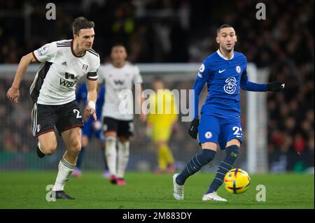 London, UK. 12th Jan, 2023. Hakim Ziyech of Chelsea during the Premier League match between Fulham and Chelsea at Craven Cottage, London, England on 12 January 2023. Photo by Salvio Calabrese. Editorial use only, license required for commercial use. No use in betting, games or a single club/league/player publications. Credit: UK Sports Pics Ltd/Alamy Live News Stock Photo