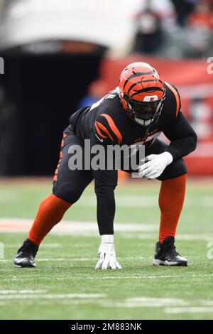 Cincinnati Bengals guard Hakeem Adeniji (77) reacts after