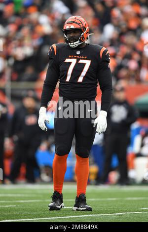 Cincinnati Bengals guard Hakeem Adeniji (77) warms up during an NFL  preseason football game against the New York Giants, Sunday, Aug. 21, 2022  in East Rutherford, N.J. The Giants won 25-22. (AP