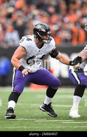 Baltimore Ravens center Tyler Linderbaum (64) shows support for his chosen  charity on his cleats, as part of the NFL's My Cause My Cleats initiative,  during warm-ups ahead of an NFL football