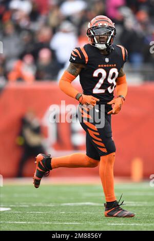 Cincinnati Bengals cornerback Cam Taylor-Britt reacts after breaking up a  pass in the end zone during an NFL football game against the Cleveland  Browns, Tuesday, Dec. 13, 2022, in Cincinnati. (AP Photo/Jeff