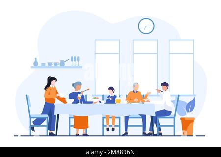 Happy family is having a dinner together inside the house. Vector illustration in a flat style in light blue color theme Stock Vector