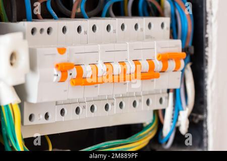 Voltage switchboard with circuit breakers. Electrical equipment and automatic. Stock Photo