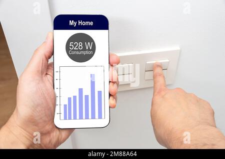 Close-up of man hand turning on the light with phone and the display of a smart electric meter with consumption information and cost per hour. Stock Photo