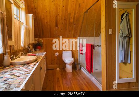 Master bedroom ensuite with glass shower stall, toilet and vanity on upstairs floor inside handcrafted Scandinavian spruce log home. Stock Photo
