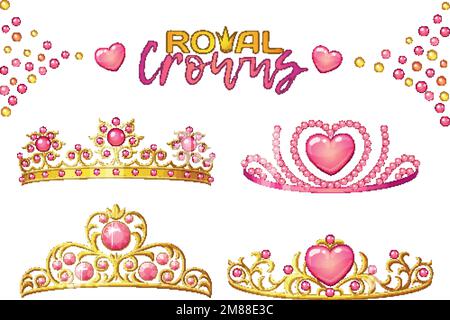 Princess crowns with heart gems isolated on white background, golden female tiaras vector icons collection Stock Vector