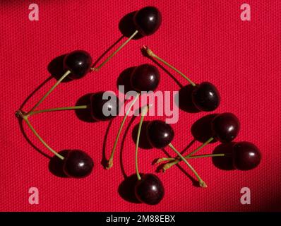 Burgundy wild bitter cherries with stems, scattered on magenta fabric Stock Photo