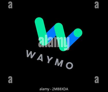 Waymo, rotated logo, black background B Stock Photo