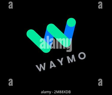 Waymo, rotated logo, black background Stock Photo