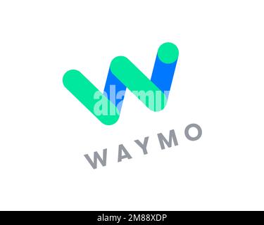 Waymo, rotated logo, white background Stock Photo
