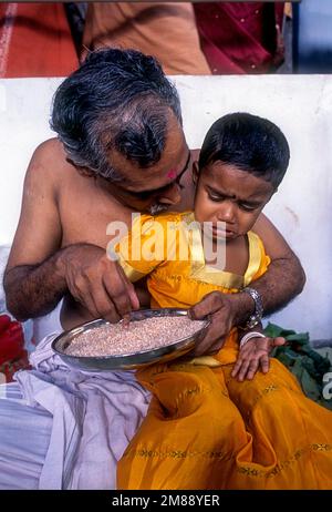 Ezhuthiniruthu Ceremony on Vijayadasami day in Saraswathi Temple at Panachikadu near Kottayam, Kerala, South India, India, Asia Stock Photo