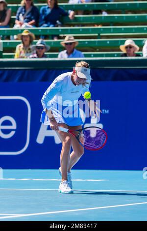 Donna Vekic seen in action during the Kooyong Classic Tennis Tournament women's singles match of day 1 against Linda Fruhvirtova. Melbourne's summer of tennis has kicked off, with the Care A2  Kooyong Classic serving up an ace opening day of play at the Kooyong Lawn Tennis Club. Donna Vekic launched the women's singles with a 6-4, 6-3 defeat of Linda Fruhvirtova. Vekic, the Croatian world no. 60 overcame the rising Czech star in her debut on Kooyongís historic centre court.Despite an early opportunity to break the Vekic serve, Fruhvirtova was unable to capitalise, with experience helping the C Stock Photo