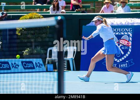 Donna Vekic seen in action during the Kooyong Classic Tennis Tournament women's singles match of day 1 against Linda Fruhvirtova. Melbourne's summer of tennis has kicked off, with the Care A2  Kooyong Classic serving up an ace opening day of play at the Kooyong Lawn Tennis Club. Donna Vekic launched the women's singles with a 6-4, 6-3 defeat of Linda Fruhvirtova. Vekic, the Croatian world no. 60 overcame the rising Czech star in her debut on Kooyongís historic centre court.Despite an early opportunity to break the Vekic serve, Fruhvirtova was unable to capitalise, with experience helping the C Stock Photo