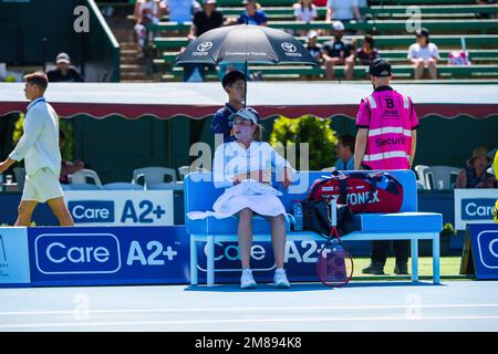 Donna Vekic takes a break during the Kooyong Classic Tennis Tournament women's singles match of day 1 against Linda Fruhvirtova. Melbourne's summer of tennis has kicked off, with the Care A2  Kooyong Classic serving up an ace opening day of play at the Kooyong Lawn Tennis Club. Donna Vekic launched the women's singles with a 6-4, 6-3 defeat of Linda Fruhvirtova. Vekic, the Croatian world no. 60 overcame the rising Czech star in her debut on Kooyongís historic centre court.Despite an early opportunity to break the Vekic serve, Fruhvirtova was unable to capitalise, with experience helping the Cr Stock Photo