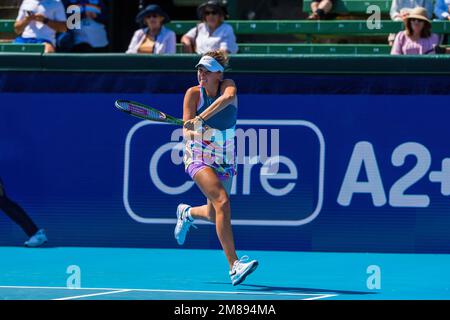 Linda Fruhvirtova seen in action during the Kooyong Classic Tennis Tournament women's singles match of day 1 against Donna Vekic. Melbourne's summer of tennis has kicked off, with the Care A2  Kooyong Classic serving up an ace opening day of play at the Kooyong Lawn Tennis Club. Donna Vekic launched the women's singles with a 6-4, 6-3 defeat of Linda Fruhvirtova. Vekic, the Croatian world no. 60 overcame the rising Czech star in her debut on Kooyongís historic centre court.Despite an early opportunity to break the Vekic serve, Fruhvirtova was unable to capitalise, with experience helping the C Stock Photo