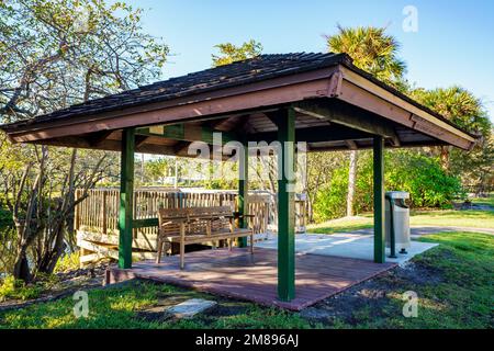 Davie, FL, USA - January 12, 2023: Historic shelter with bench Davie Florida Stock Photo