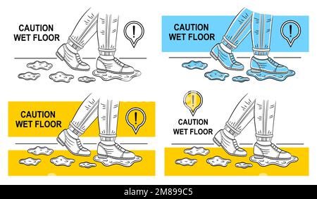 Wet slippery floor caution, danger human slip walk on clean washed room flooring icon set. Legs in shoes step on water drop indoor. Fall risk. Vector Stock Vector