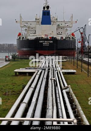 Rostock, Germany. 12th Jan, 2023. The tanker 'Kriti Bastion' is handled in the oil port of the seaport on the Baltic Sea. At a press conference on January 13, 2023, Rostock Port GmbH plans to announce the handling results for 2022 and present the most important projects for 2023. Credit: Bernd Wüstneck/dpa/Alamy Live News Stock Photo