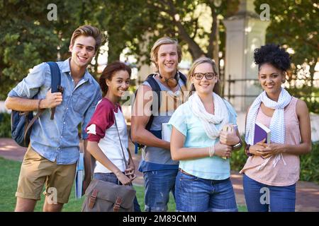 Getting through college together. Portrait of a group of smiling university students standing outside. Stock Photo