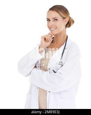 Shes en excellent doctor. A beautiful female doctor smiling at the camera with her hand on her chin. Stock Photo